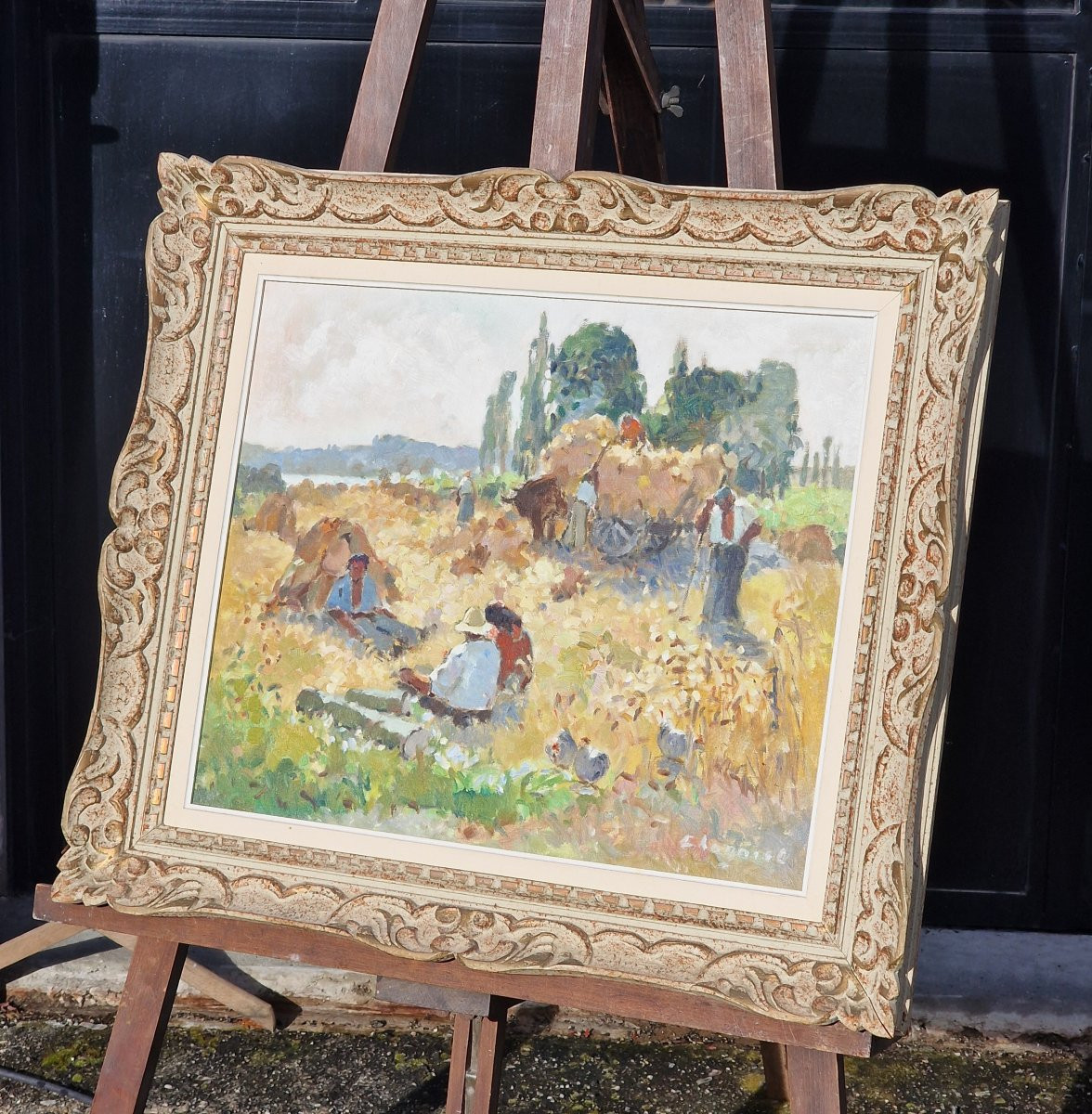 Neo-impressionist Painting By Alfred Jean Chagniot, Harvest Scene In Seine-et-oise -photo-4