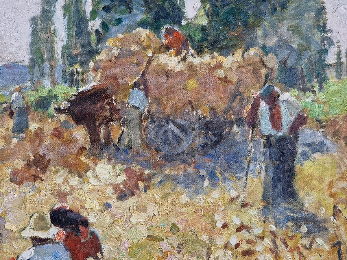 Neo-impressionist Painting By Alfred Jean Chagniot, Harvest Scene In Seine-et-oise -photo-1