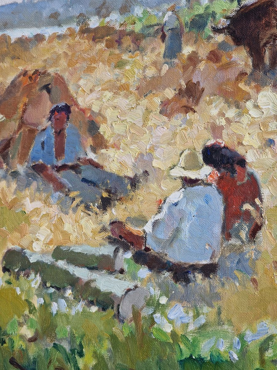 Neo-impressionist Painting By Alfred Jean Chagniot, Harvest Scene In Seine-et-oise -photo-2