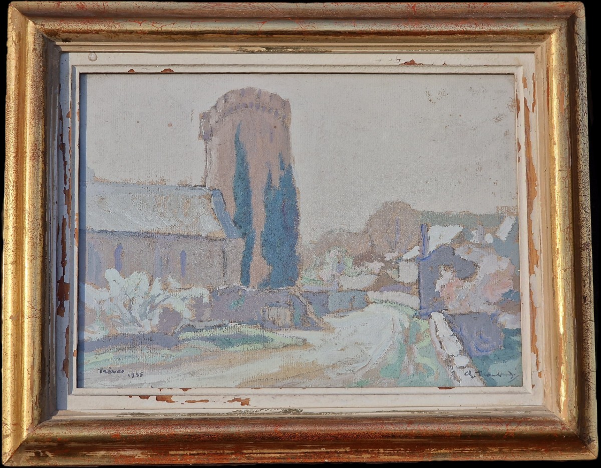Painting Of The Trèves Cunault Tower Near Saumur By Charles Tranchand, Dated 1936, Maine-et-loire