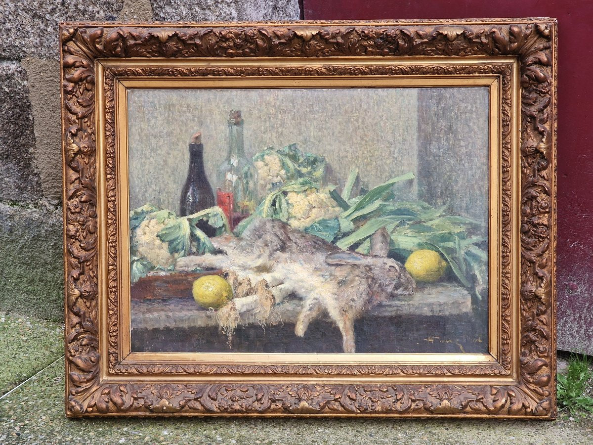 Important Post-impressionist Still Life Painting With Hare, Leeks And Lemons, Dated 1906 -photo-2