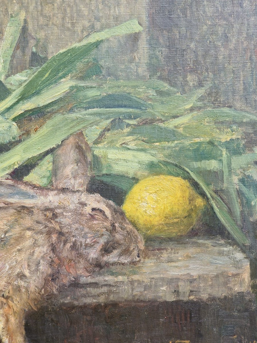 Important Post-impressionist Still Life Painting With Hare, Leeks And Lemons, Dated 1906 -photo-4