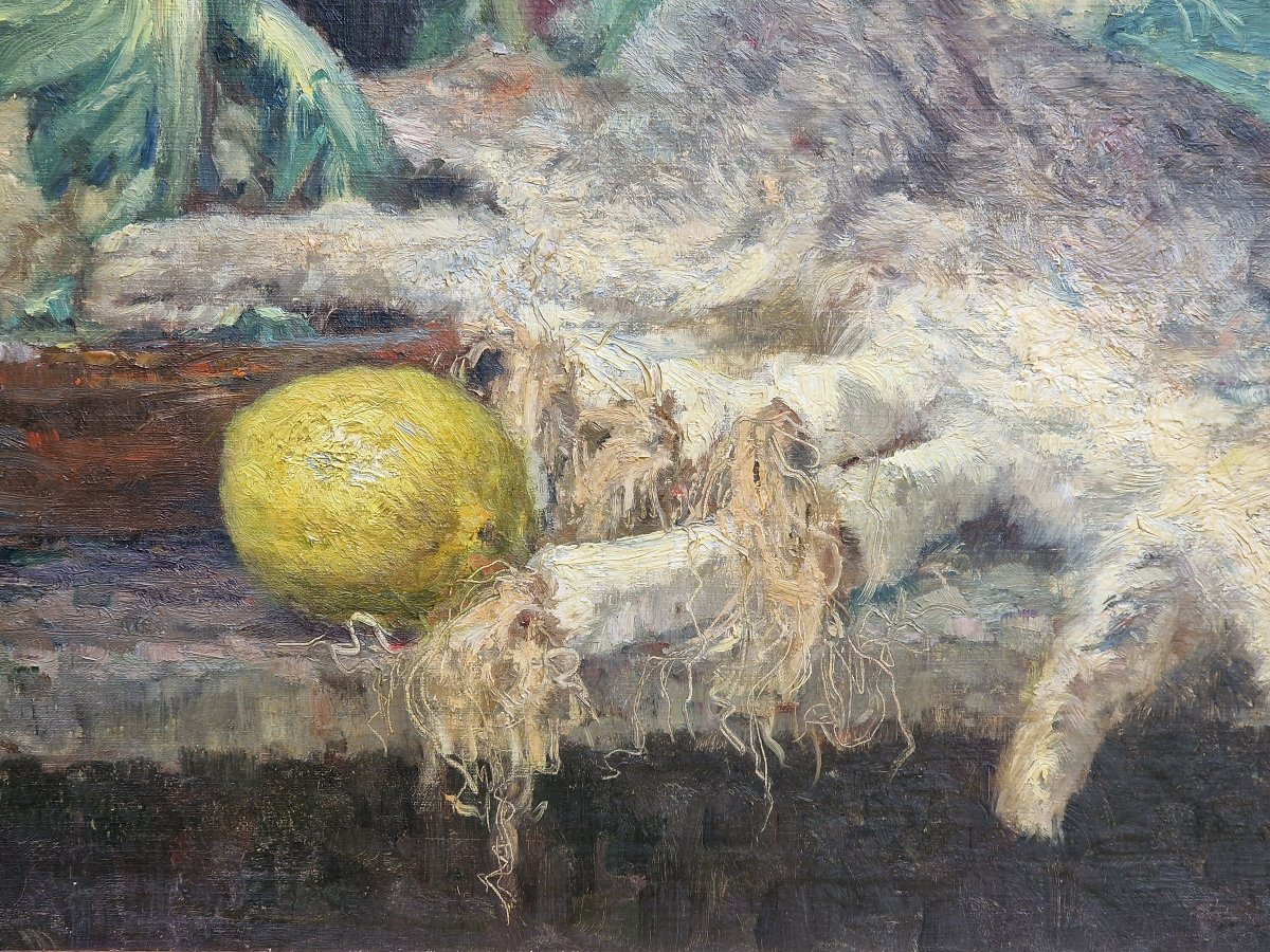 Important Post-impressionist Still Life Painting With Hare, Leeks And Lemons, Dated 1906 -photo-2