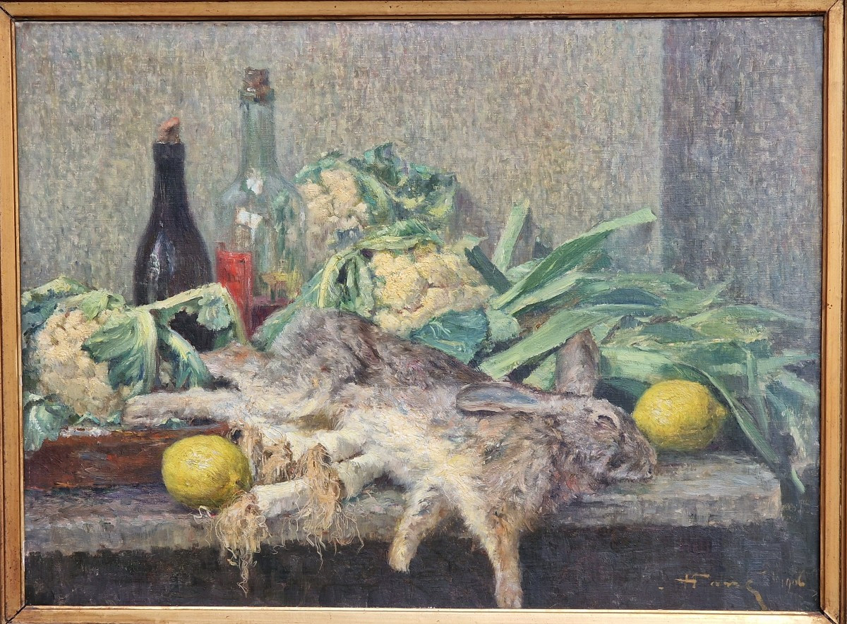 Important Post-impressionist Still Life Painting With Hare, Leeks And Lemons, Dated 1906 