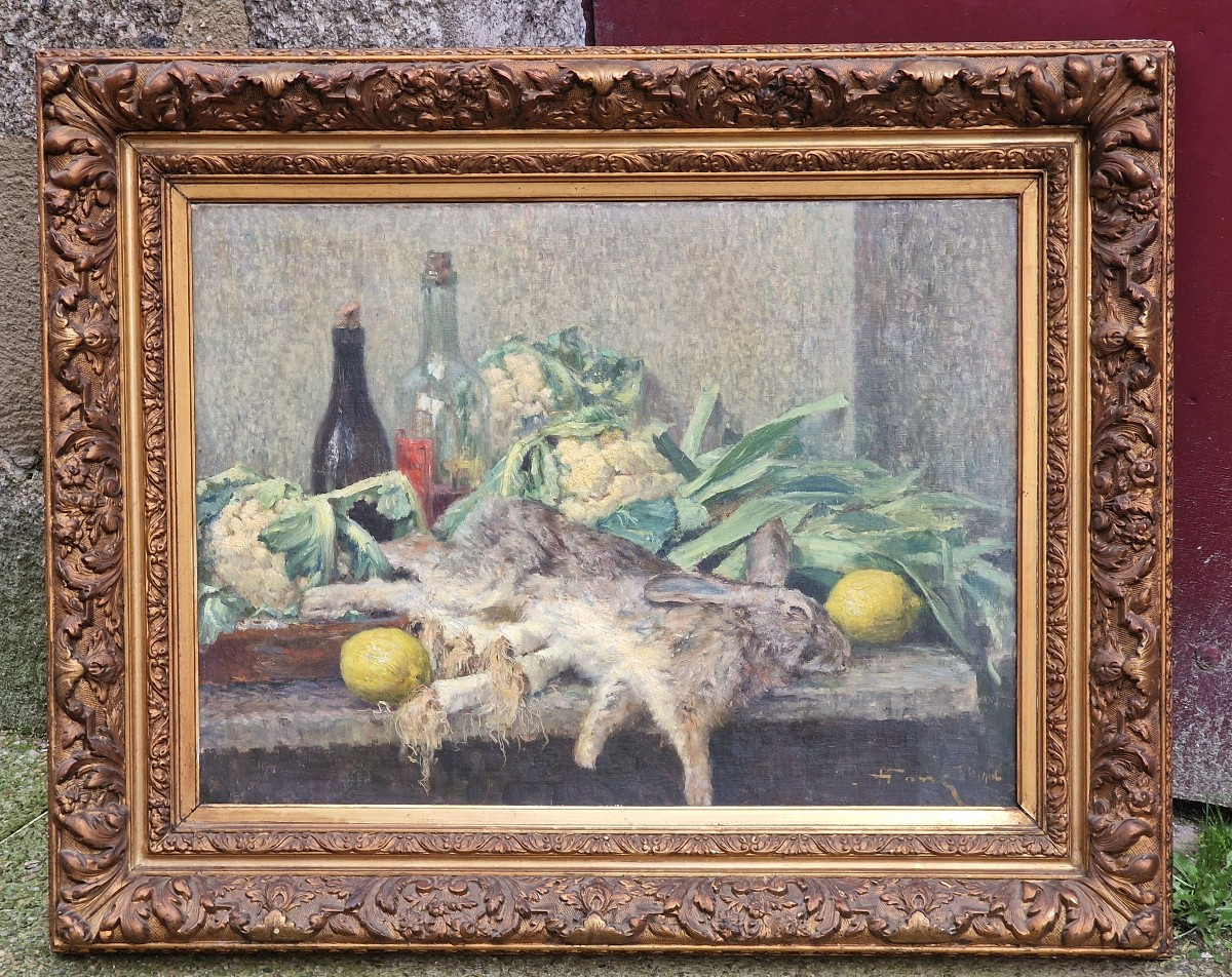 Important tableau nature morte au lièvre, poireaux et citrons post-impressionniste daté 1906 