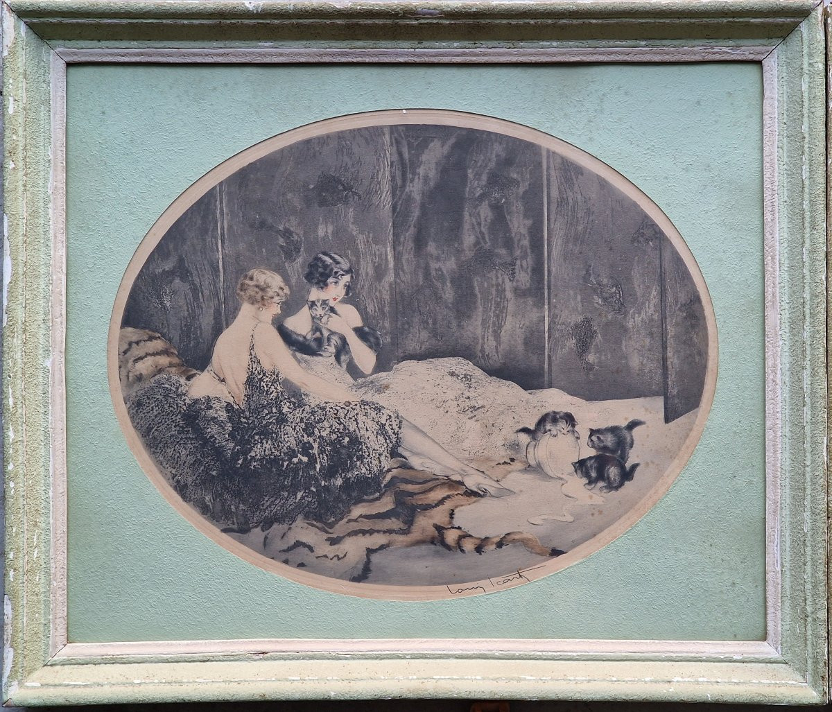 Pair Of Elegant Art Deco Etchings By Louis Icart (1888-1950) Featuring Puppies And Kittens-photo-3