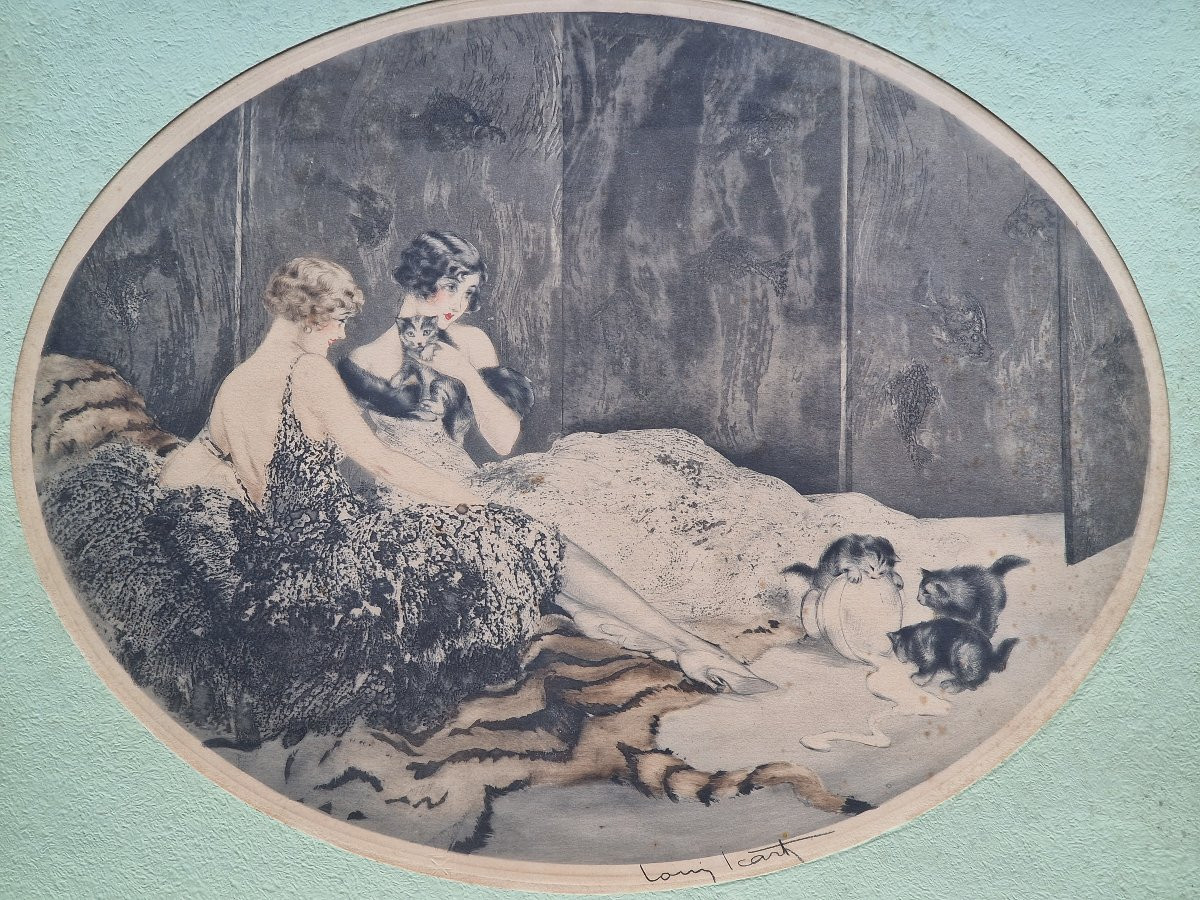 Pair Of Elegant Art Deco Etchings By Louis Icart (1888-1950) Featuring Puppies And Kittens-photo-4