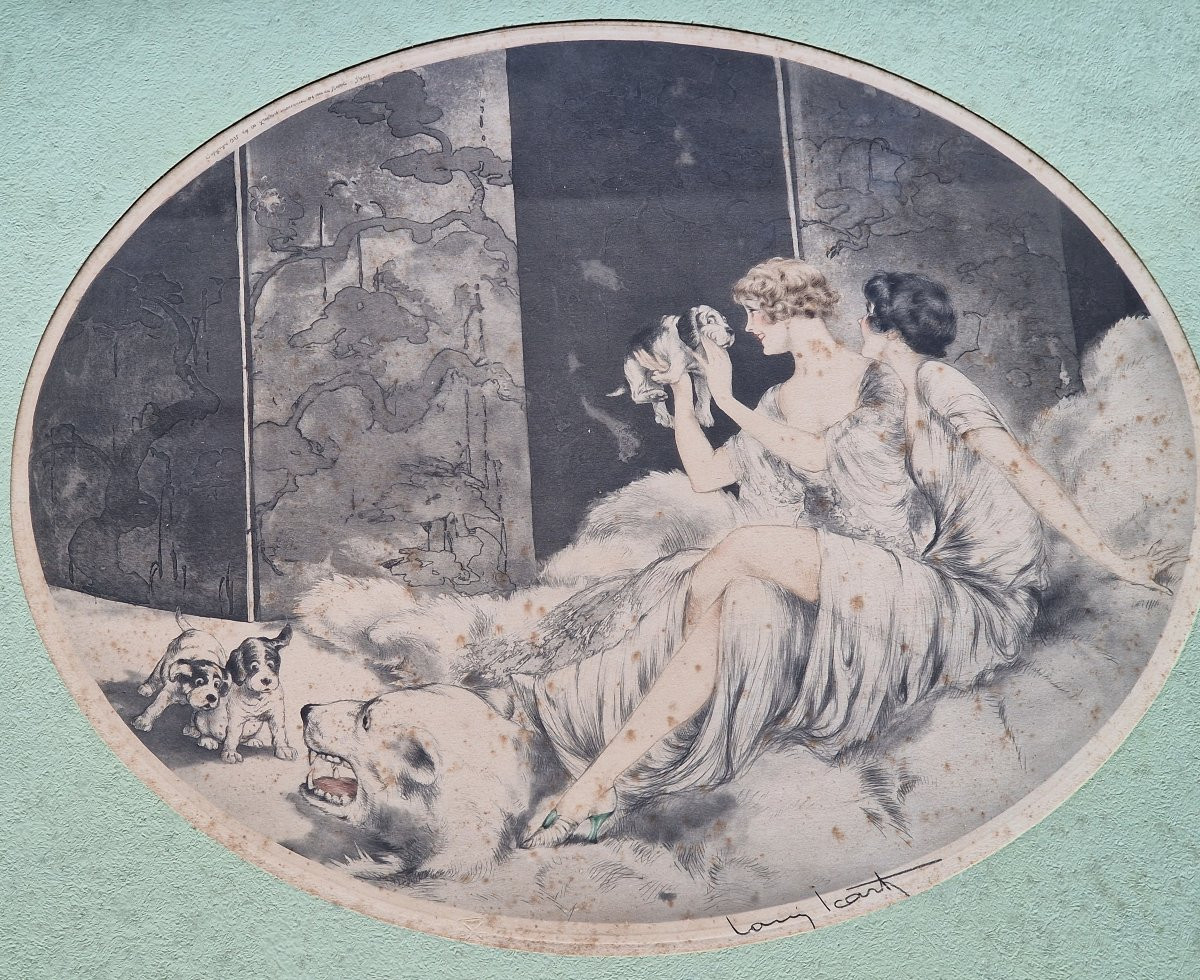 Pair Of Elegant Art Deco Etchings By Louis Icart (1888-1950) Featuring Puppies And Kittens-photo-1