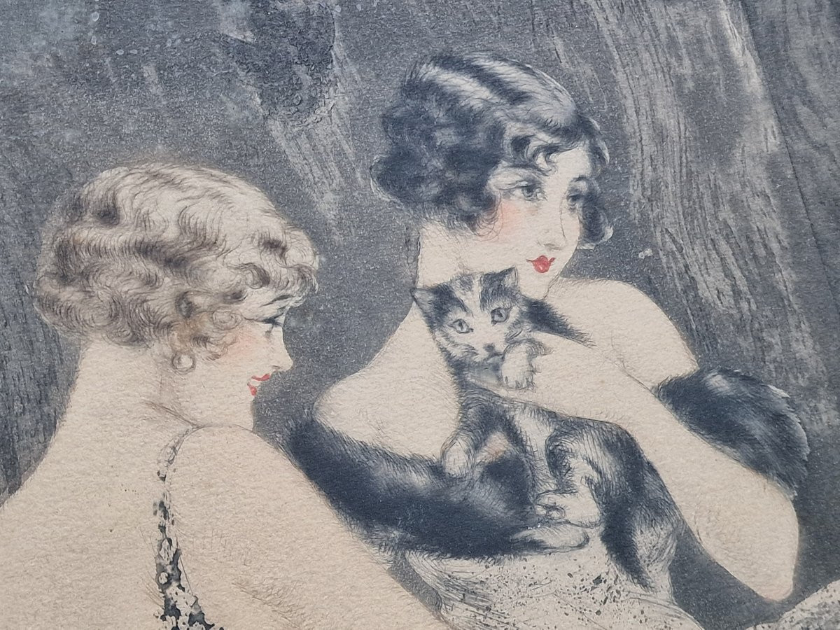Pair Of Elegant Art Deco Etchings By Louis Icart (1888-1950) Featuring Puppies And Kittens-photo-2