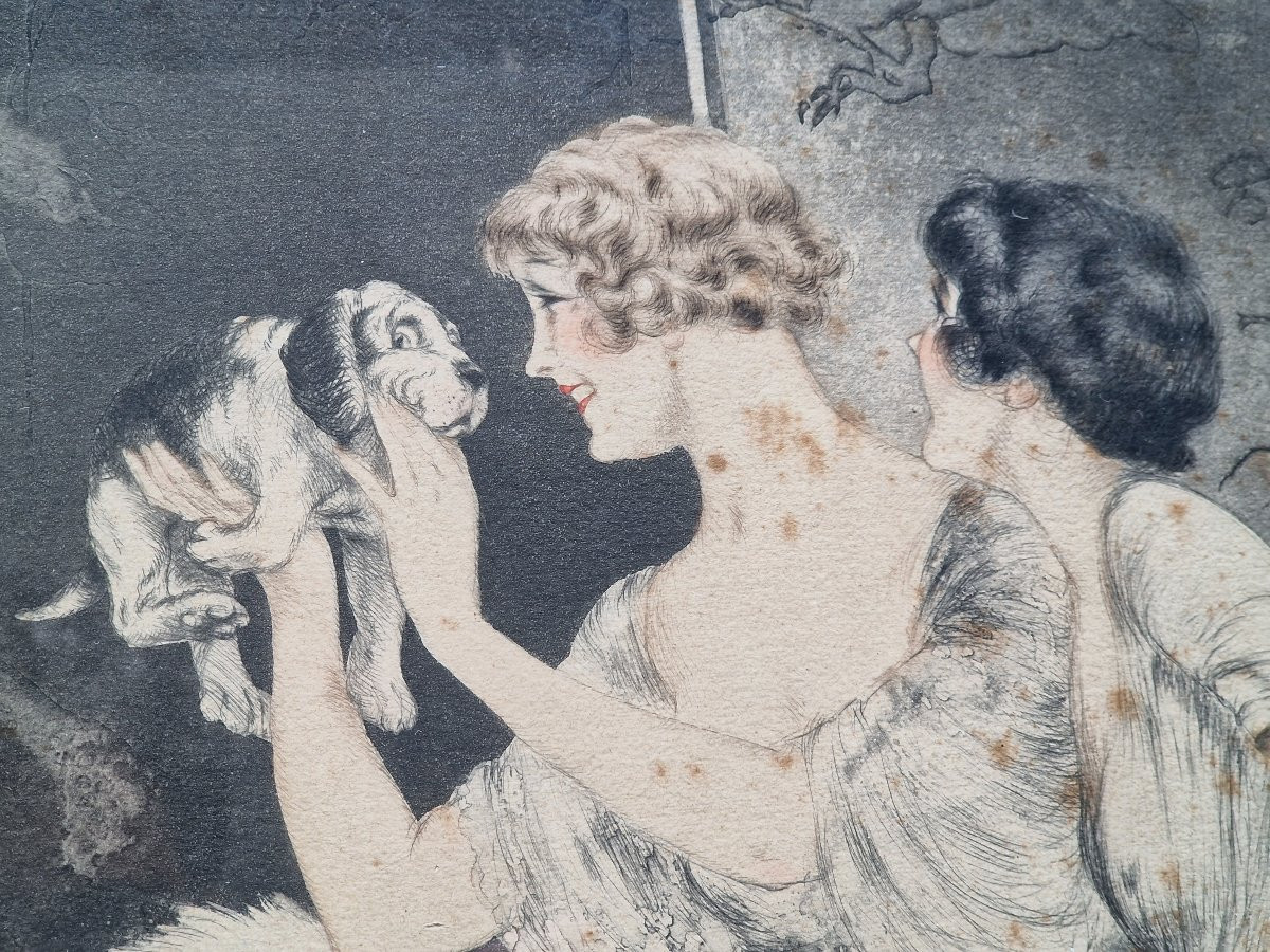 Pair Of Elegant Art Deco Etchings By Louis Icart (1888-1950) Featuring Puppies And Kittens-photo-3