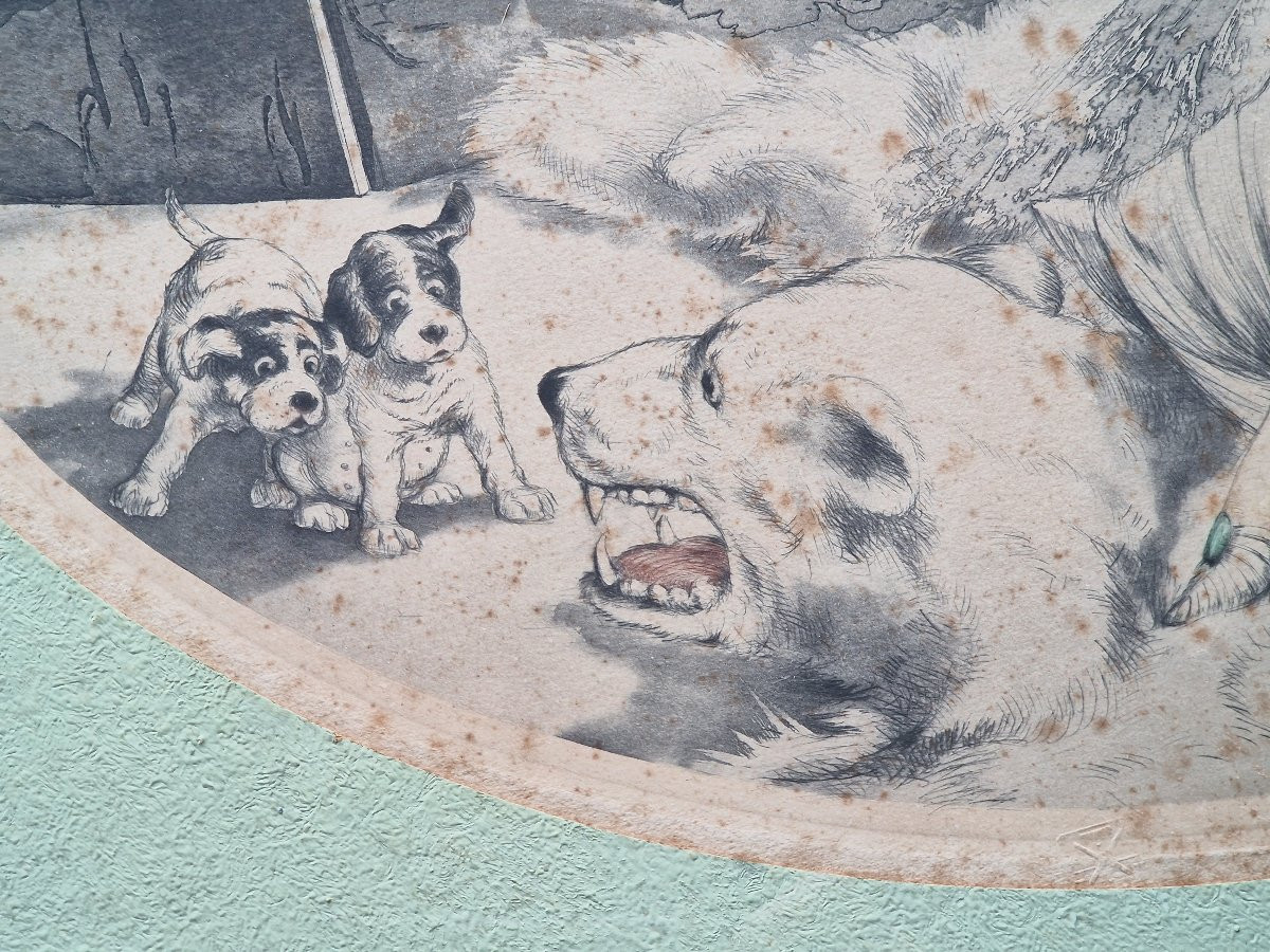 Pair Of Elegant Art Deco Etchings By Louis Icart (1888-1950) Featuring Puppies And Kittens-photo-4