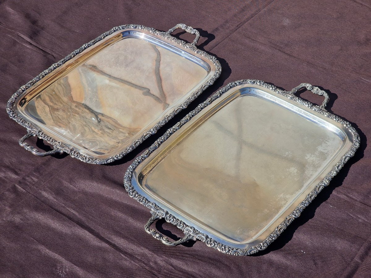 Pair Of Large Silver-plated Metal Serving Trays -photo-2