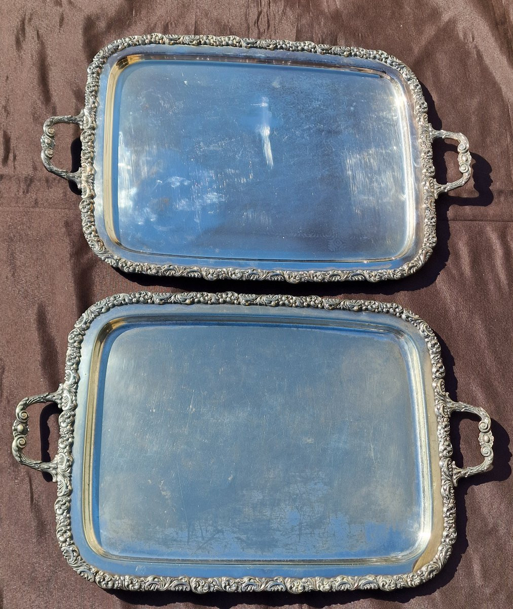 Pair Of Large Silver-plated Metal Serving Trays -photo-3