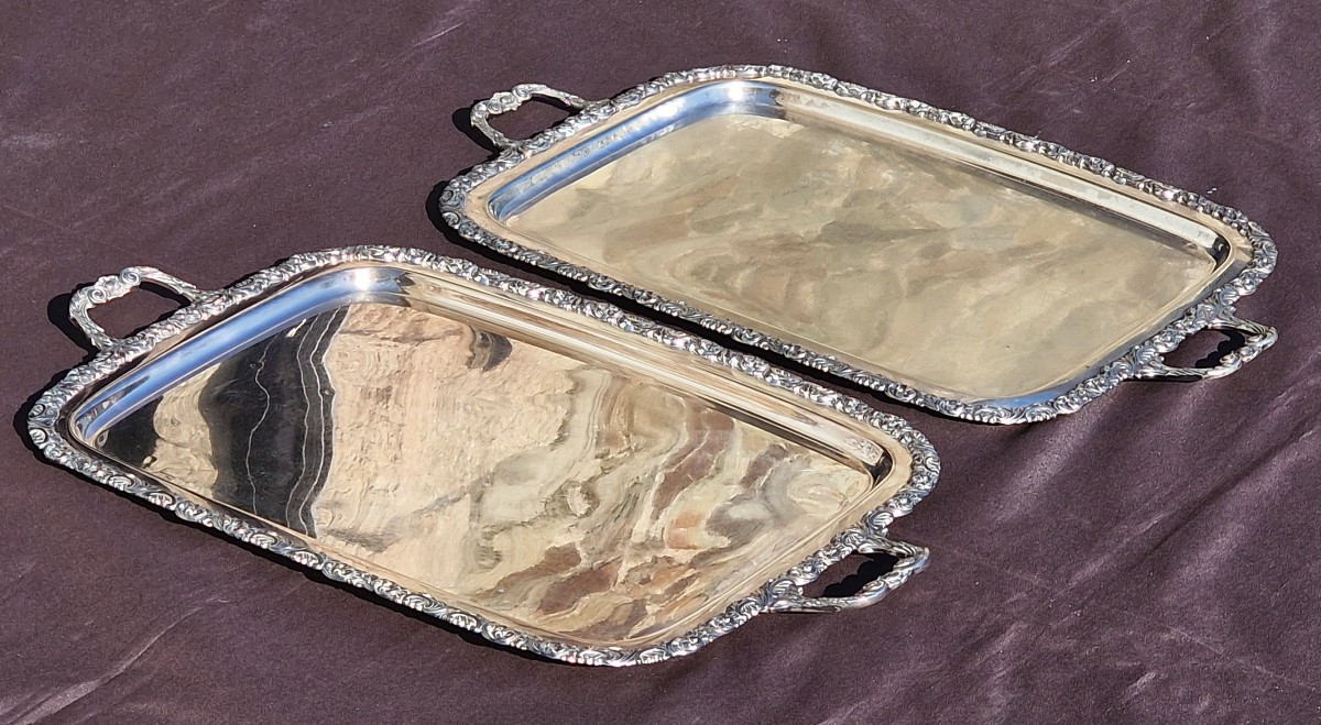 Pair Of Large Silver-plated Metal Serving Trays 