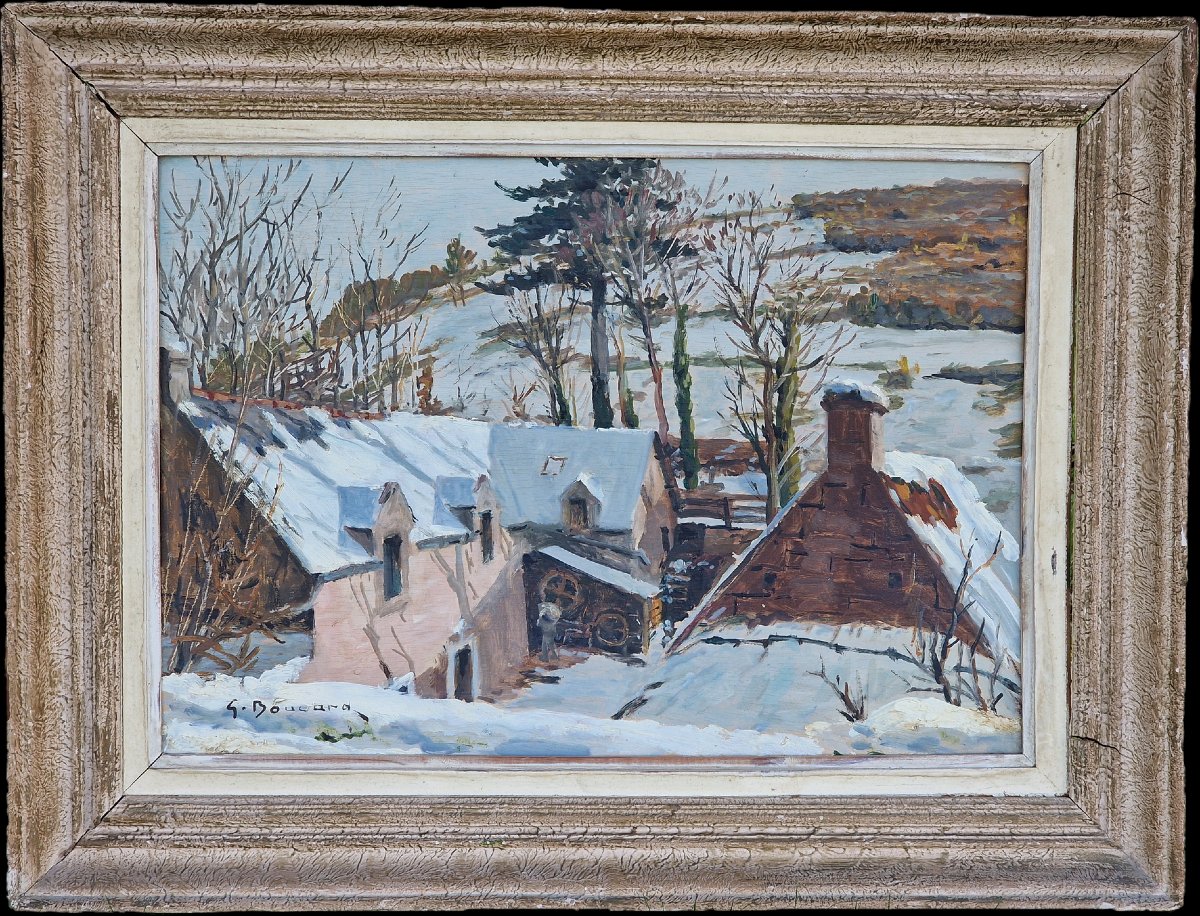 Painting Of The Guermeur Mill In Guern Under The Snow By Georges Boucard, Morbihan, Brittany-photo-2