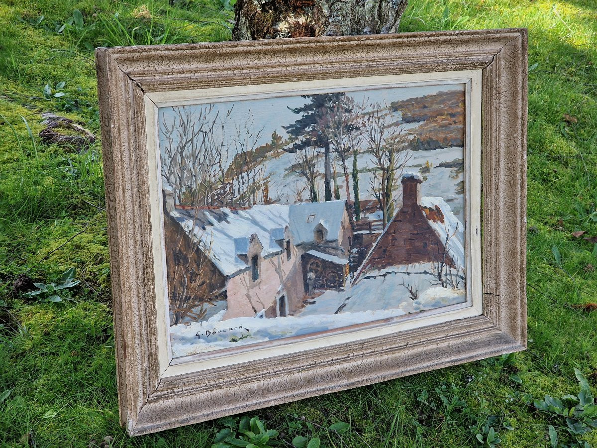Painting Of The Guermeur Mill In Guern Under The Snow By Georges Boucard, Morbihan, Brittany-photo-3