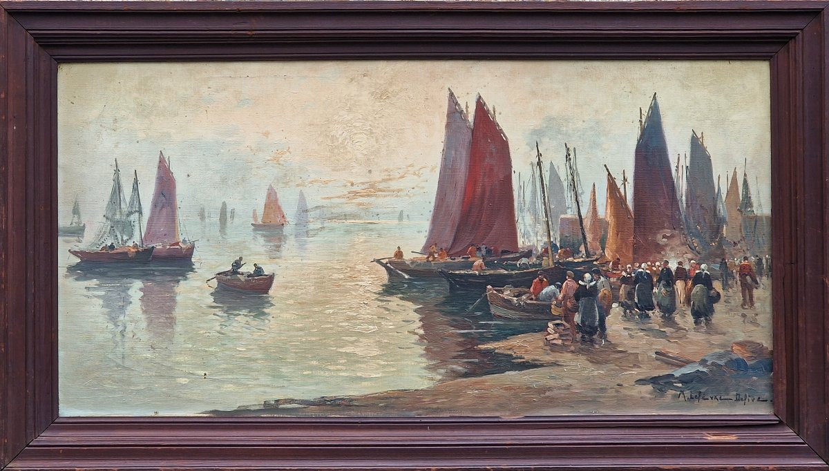 Grand tableau marine bretonne l'arrivée des pêcheurs au port par Mariette Lefevre Defive-photo-2
