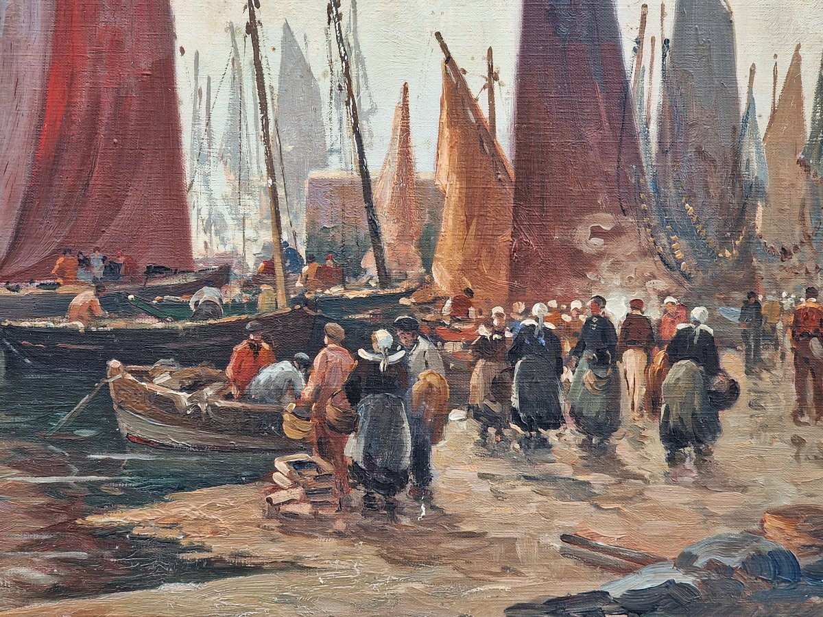 Grand tableau marine bretonne l'arrivée des pêcheurs au port par Mariette Lefevre Defive-photo-1