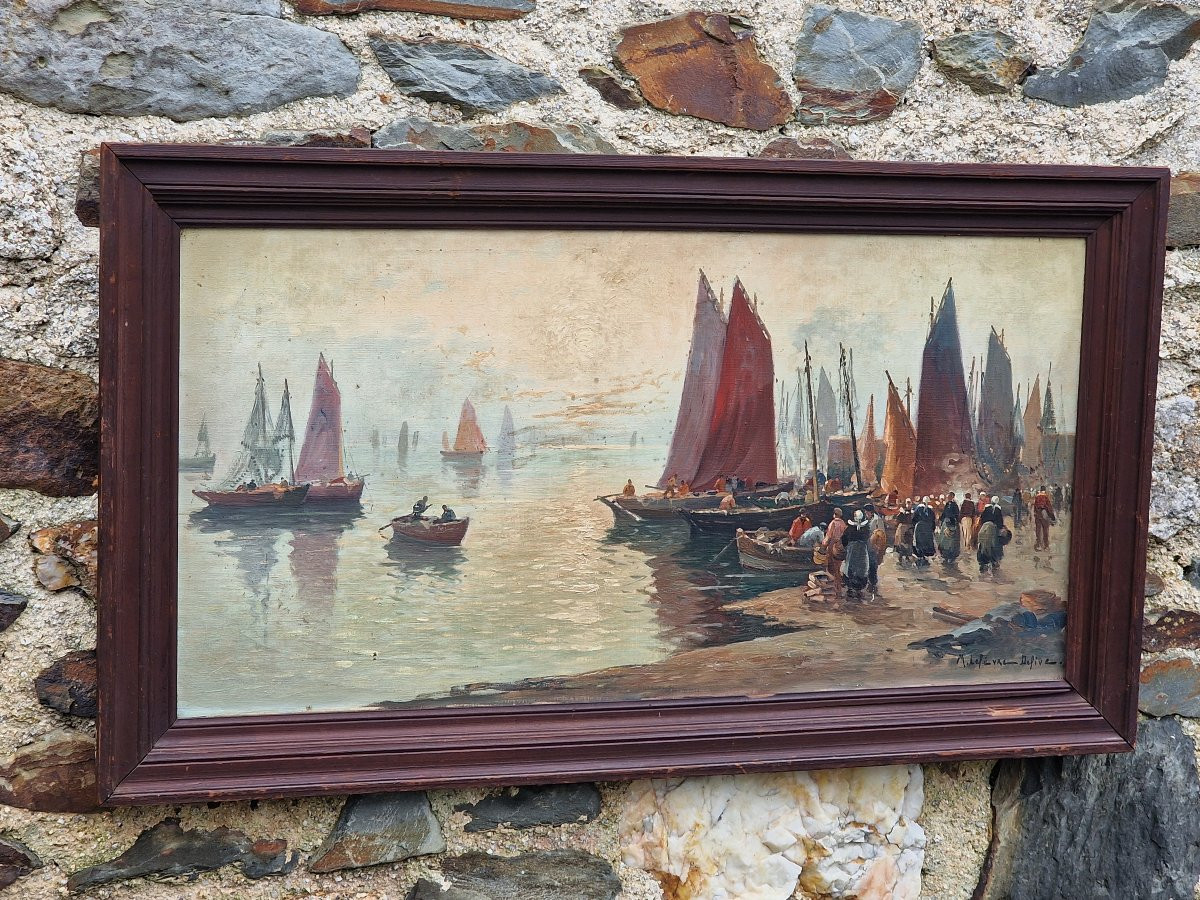 Grand tableau marine bretonne l'arrivée des pêcheurs au port par Mariette Lefevre Defive-photo-2