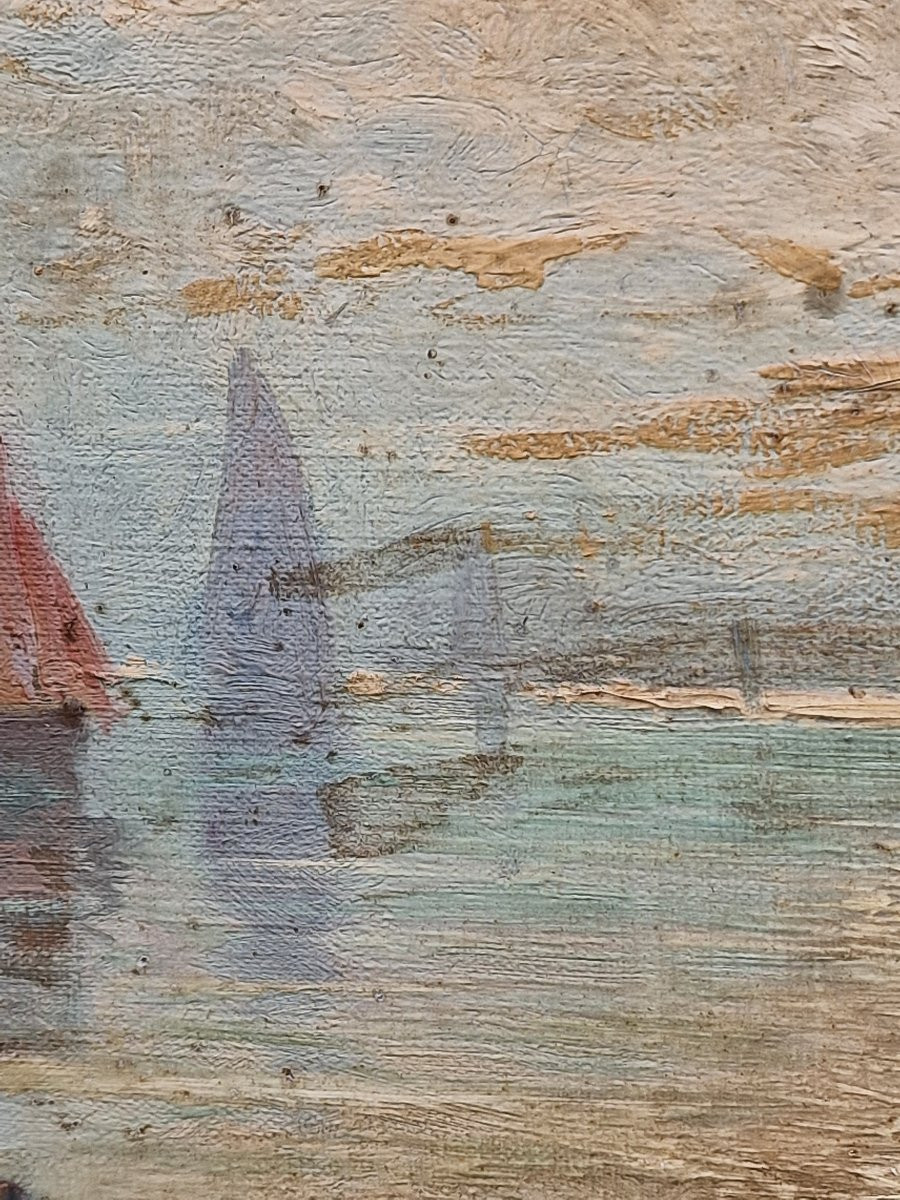 Grand tableau marine bretonne l'arrivée des pêcheurs au port par Mariette Lefevre Defive-photo-6