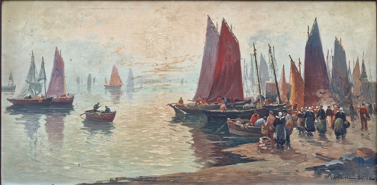 Grand tableau marine bretonne l'arrivée des pêcheurs au port par Mariette Lefevre Defive