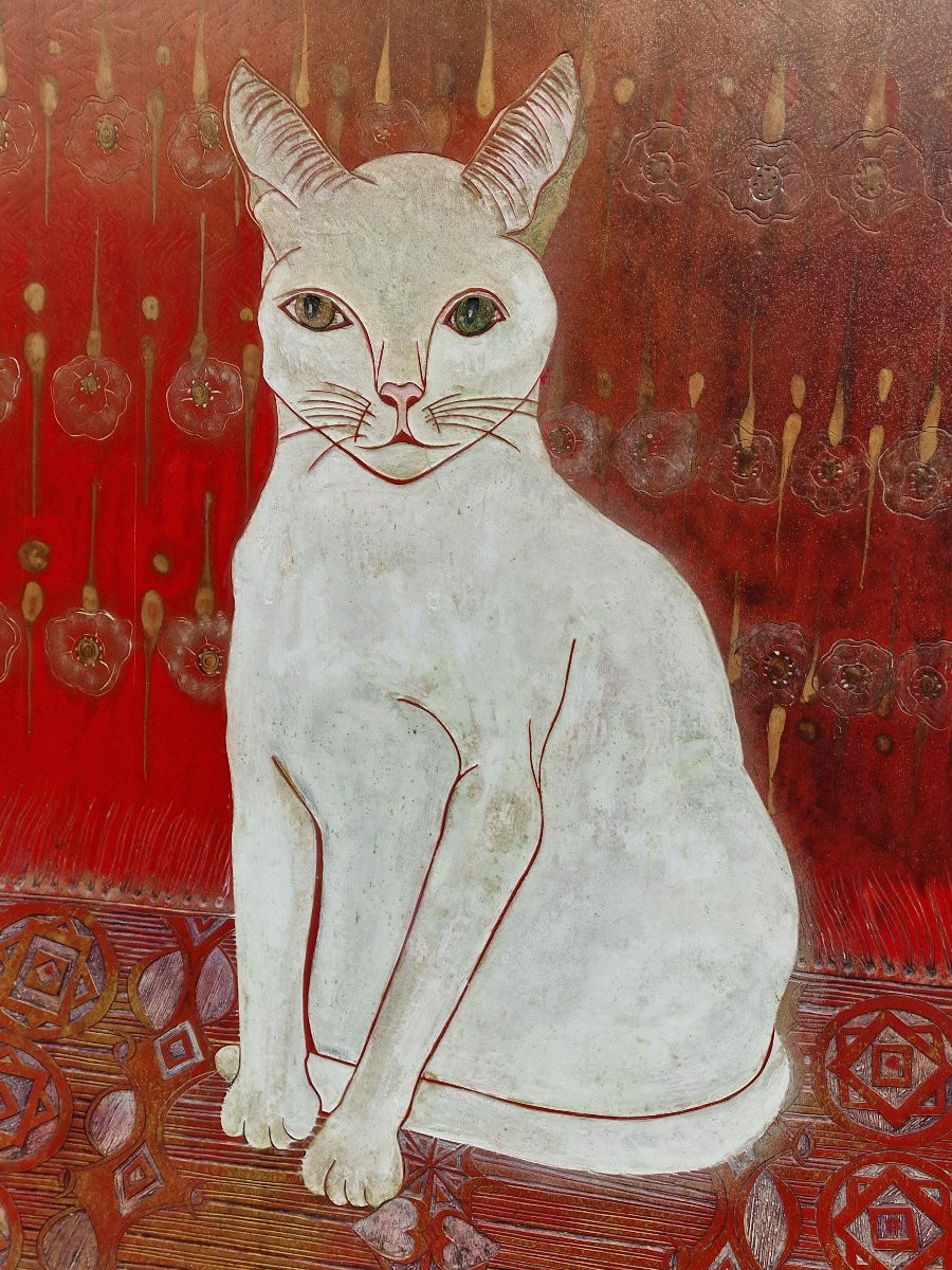 Important panneau en laque art déco chat blanc au tapis persan rouge khao manee thailande-photo-2