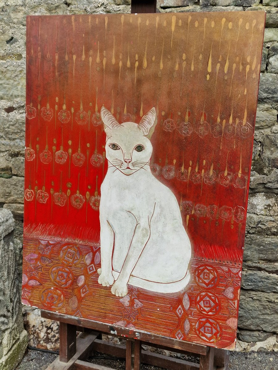 Important panneau en laque art déco chat blanc au tapis persan rouge khao manee thailande-photo-3