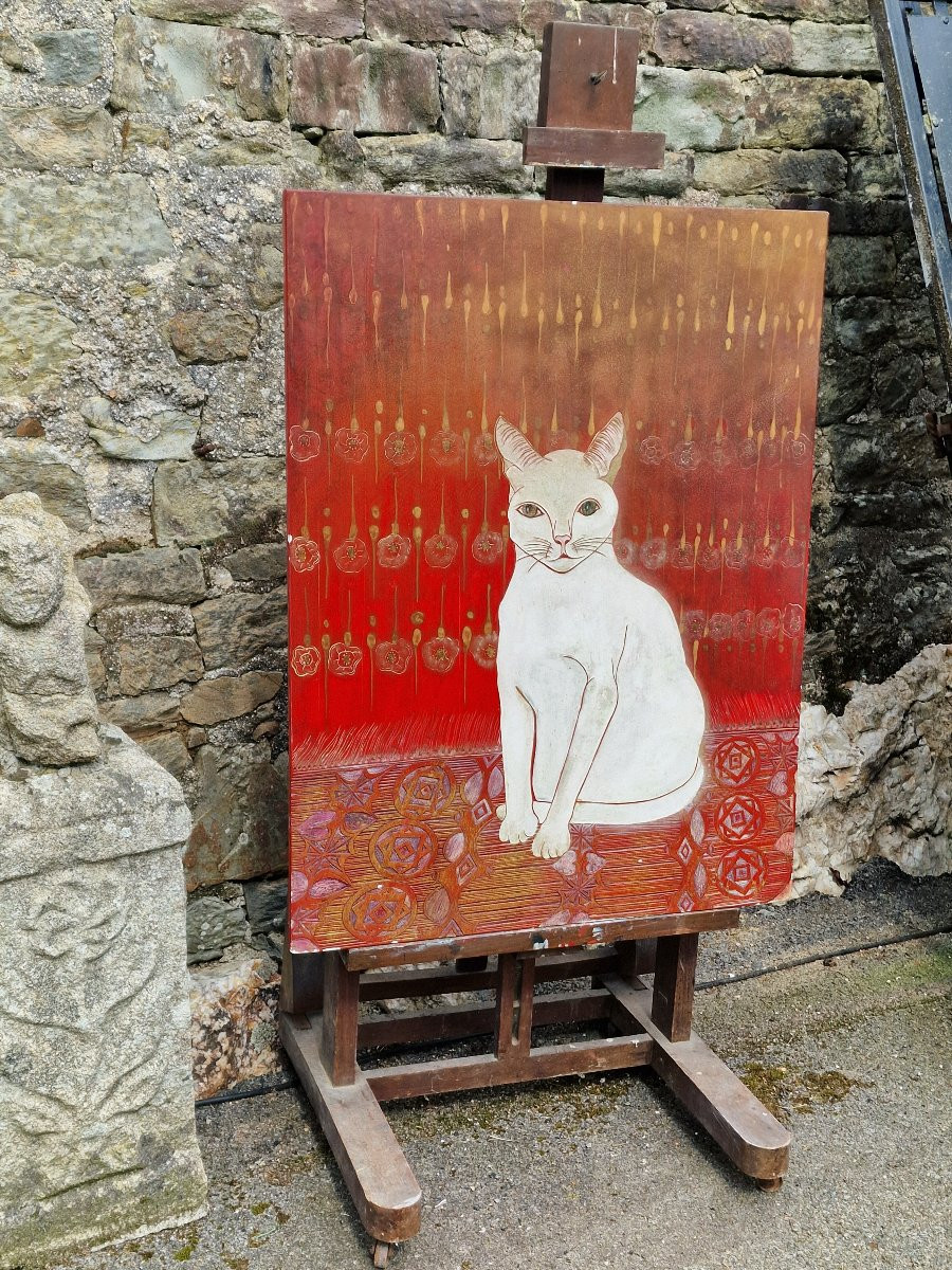 Important panneau en laque art déco chat blanc au tapis persan rouge khao manee thailande-photo-4