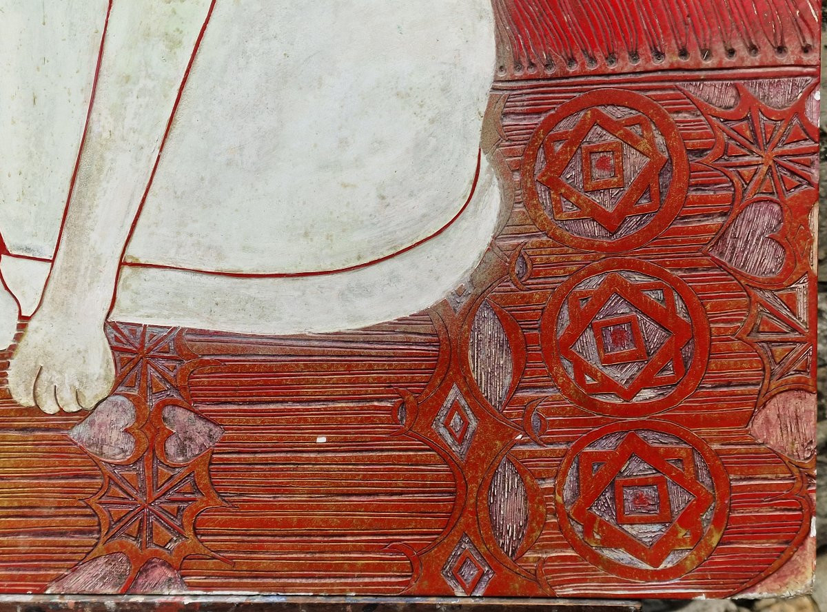 Important panneau en laque art déco chat blanc au tapis persan rouge khao manee thailande-photo-2