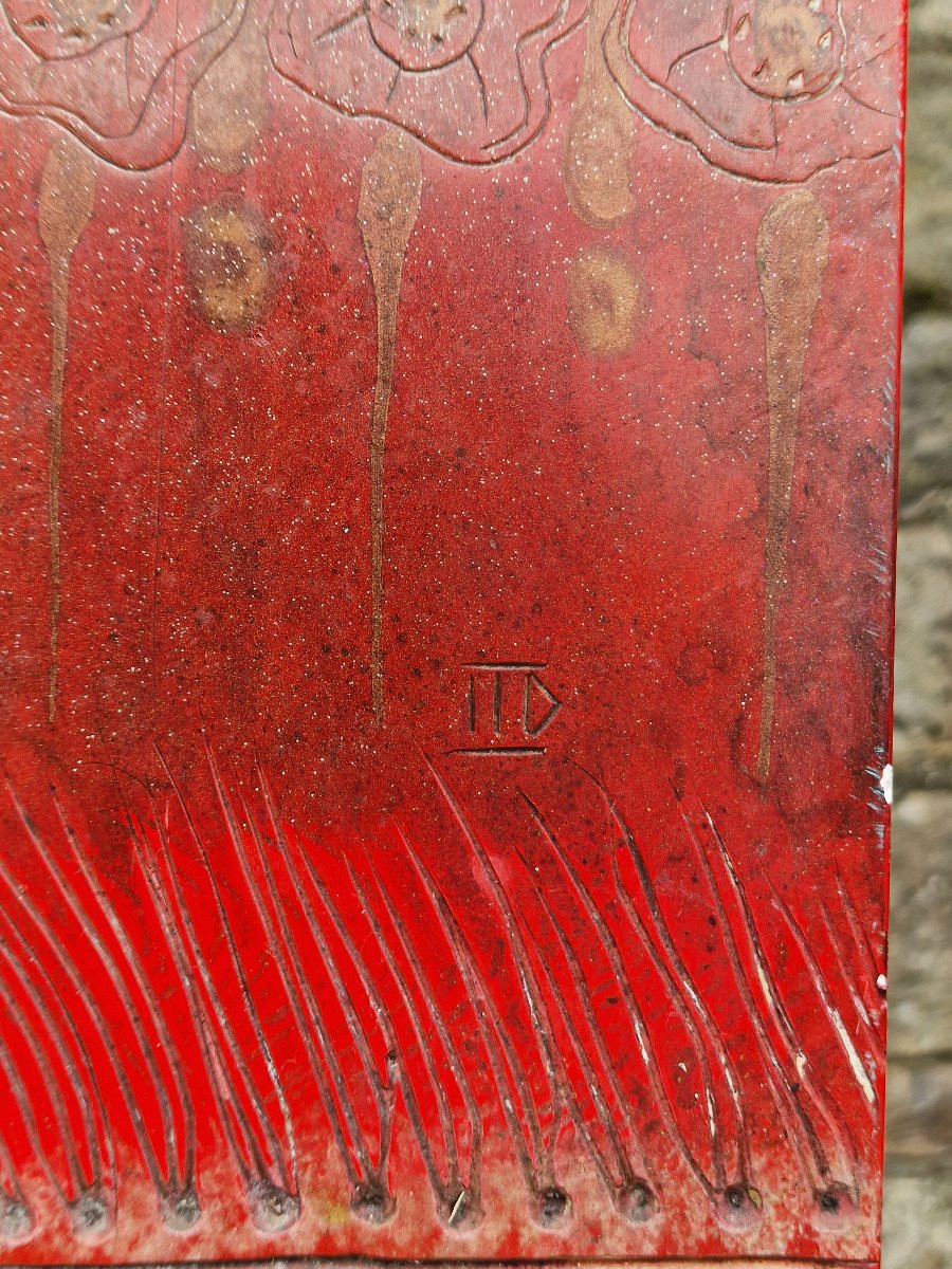 Important panneau en laque art déco chat blanc au tapis persan rouge khao manee thailande-photo-3