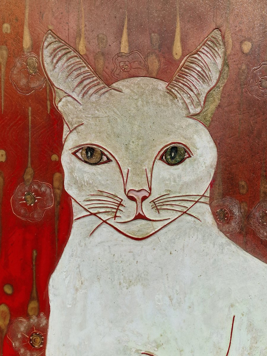 Important panneau en laque art déco chat blanc au tapis persan rouge khao manee thailande-photo-4