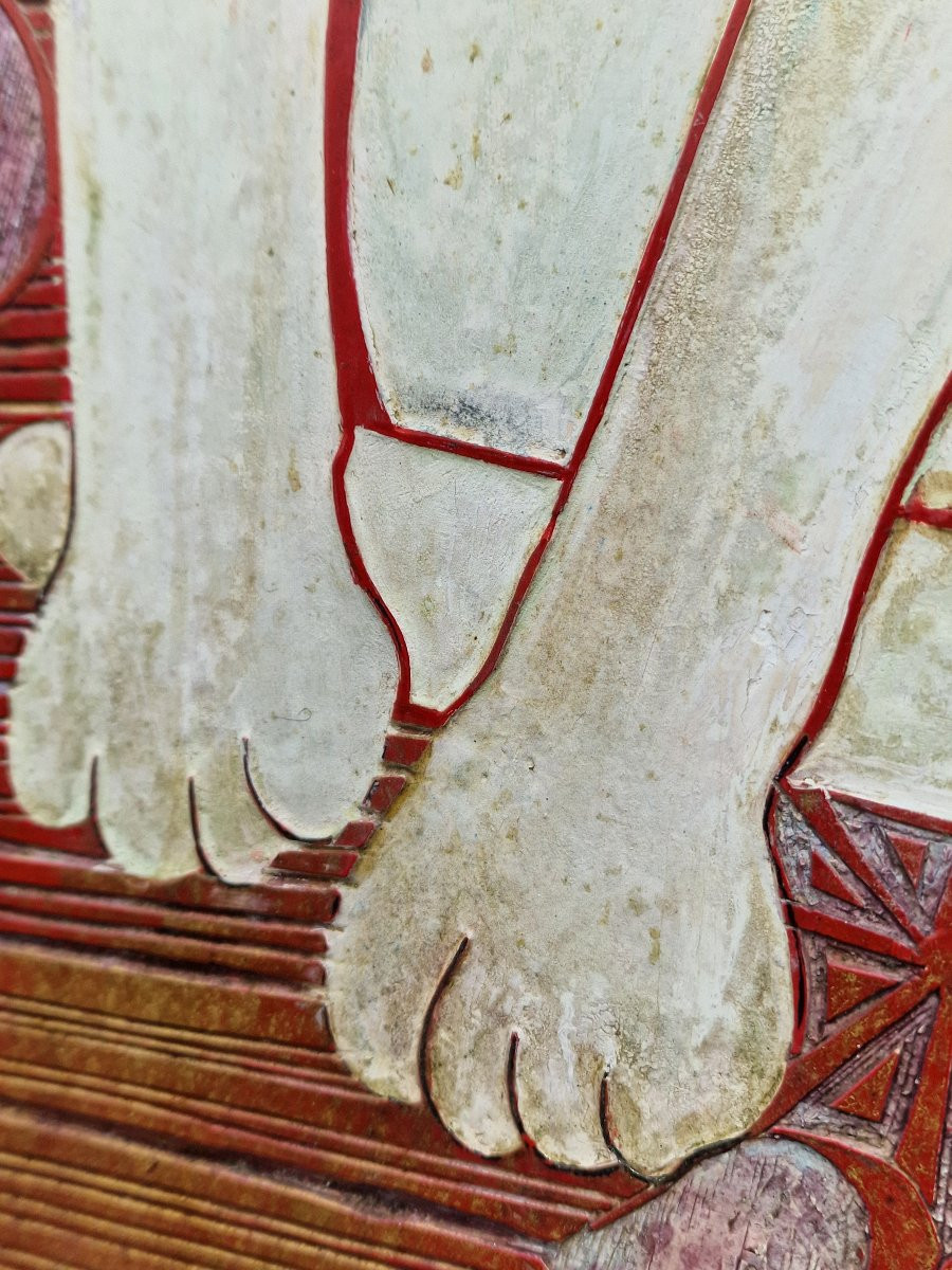 Important panneau en laque art déco chat blanc au tapis persan rouge khao manee thailande-photo-6