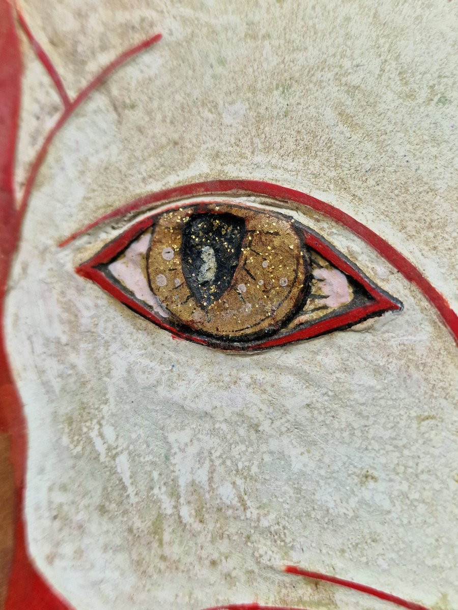 Important panneau en laque art déco chat blanc au tapis persan rouge khao manee thailande-photo-8