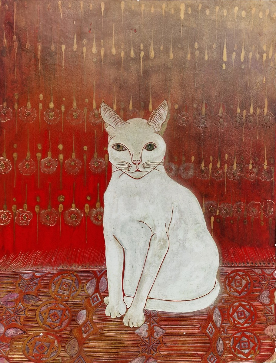 Important panneau en laque art déco chat blanc au tapis persan rouge khao manee thailande