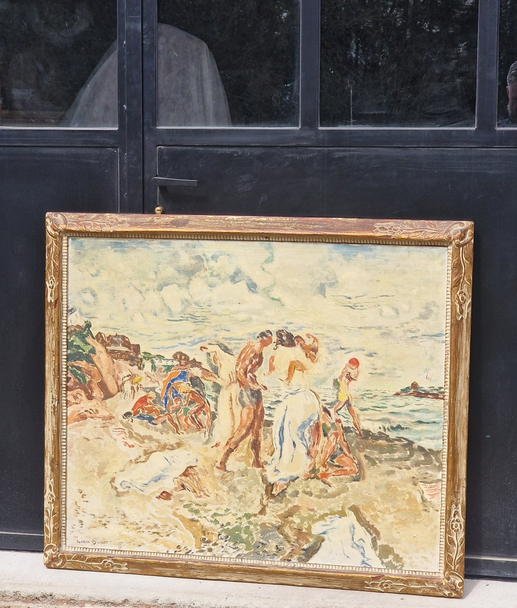 Grand tableau scène de plage baignade par le peintre américain Herbert Barnett bretagne 1935-photo-2