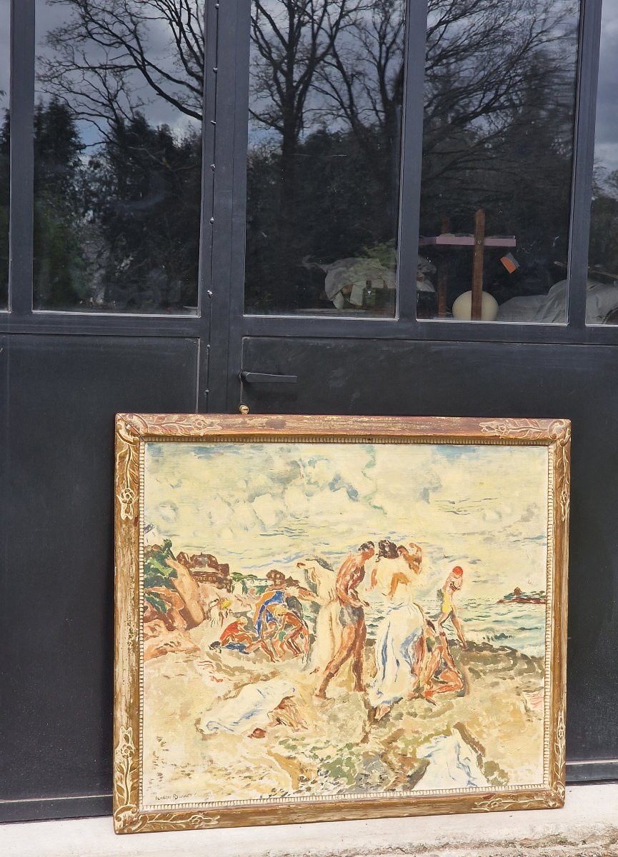 Grand tableau scène de plage baignade par le peintre américain Herbert Barnett bretagne 1935-photo-3