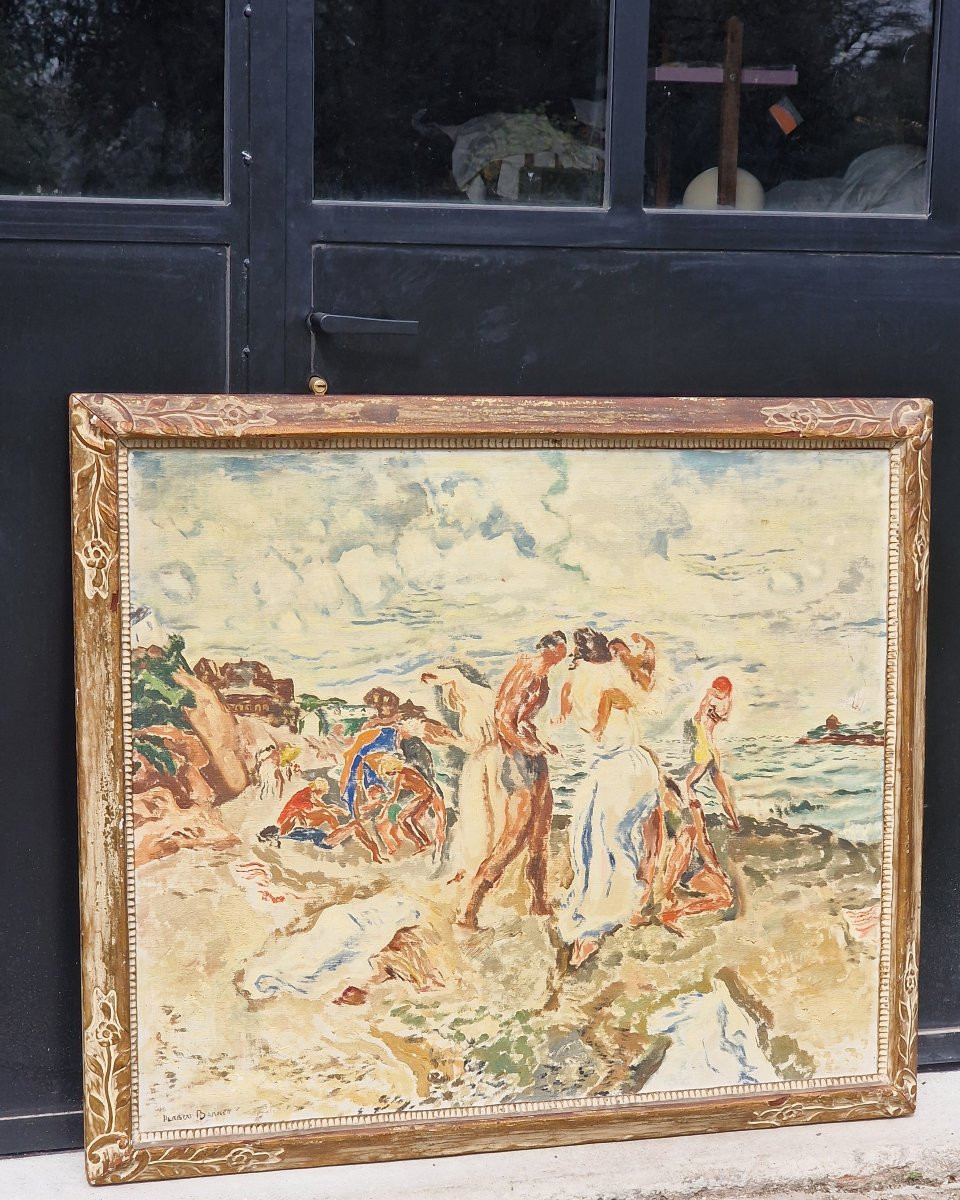 Grand tableau scène de plage baignade par le peintre américain Herbert Barnett bretagne 1935-photo-4
