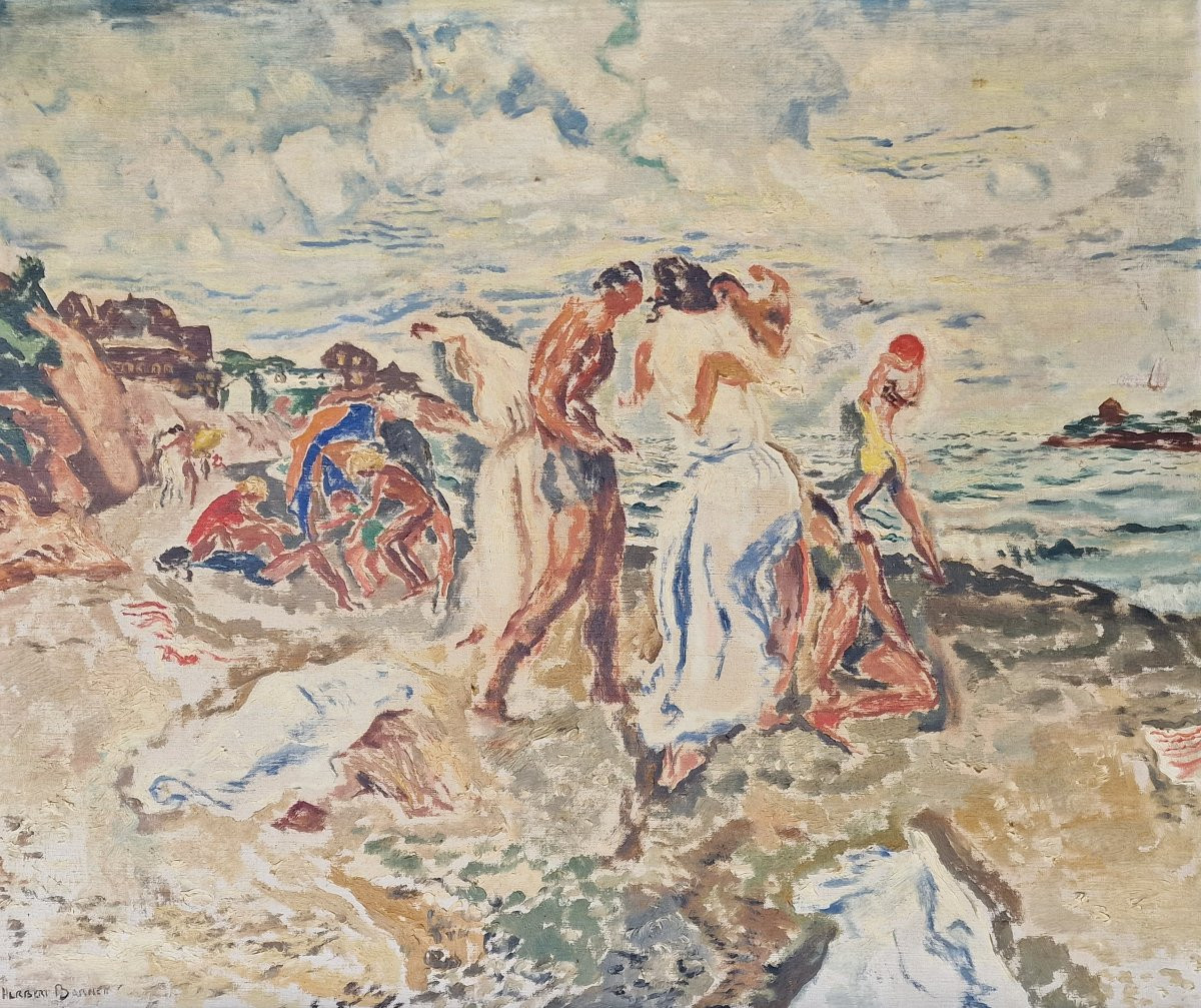 Grand tableau scène de plage baignade par le peintre américain Herbert Barnett bretagne 1935-photo-1