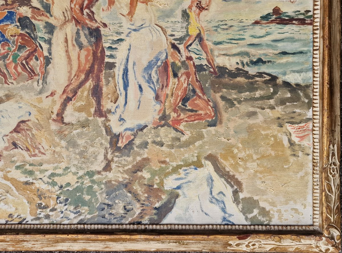 Grand tableau scène de plage baignade par le peintre américain Herbert Barnett bretagne 1935-photo-3