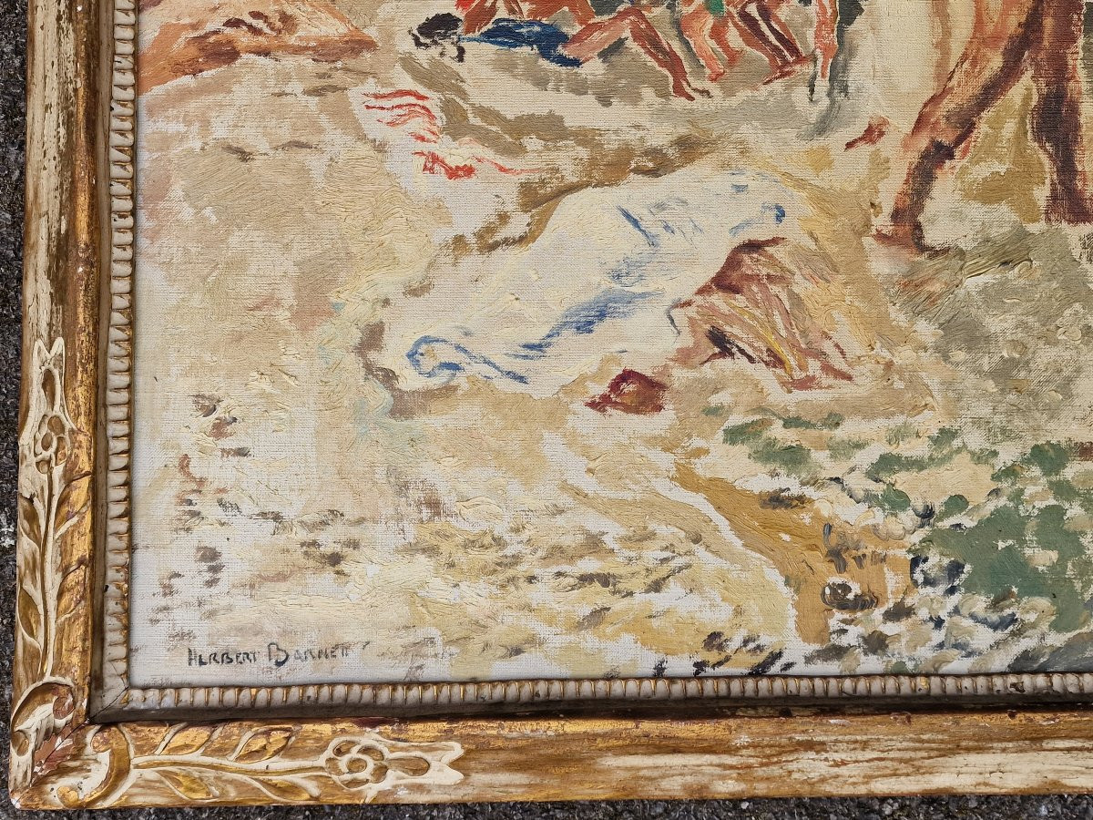 Grand tableau scène de plage baignade par le peintre américain Herbert Barnett bretagne 1935-photo-4
