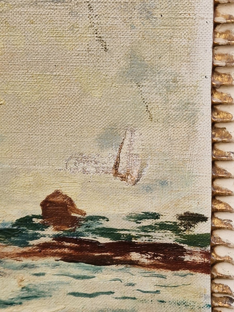 Grand tableau scène de plage baignade par le peintre américain Herbert Barnett bretagne 1935-photo-8