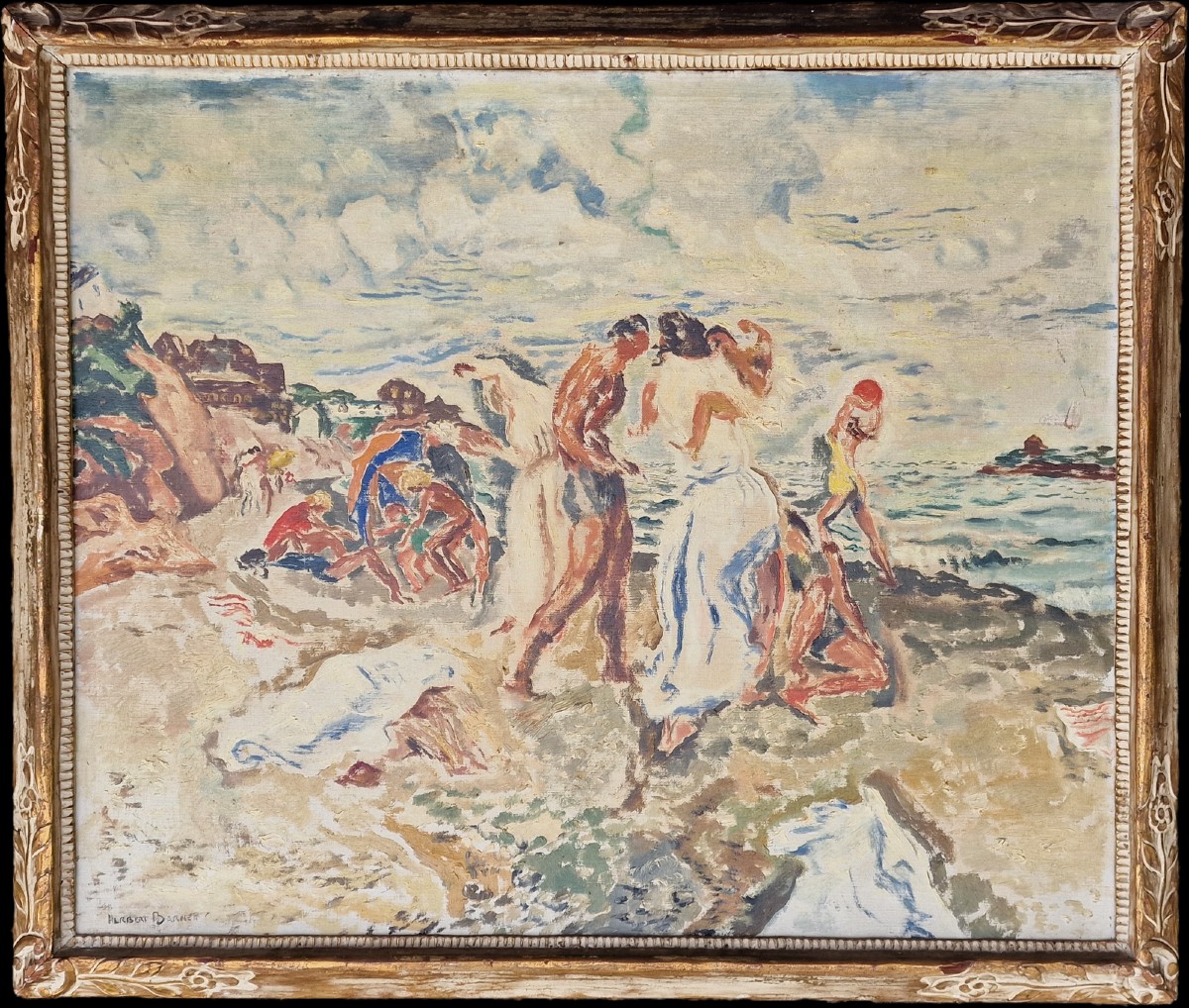 Grand tableau scène de plage baignade par le peintre américain Herbert Barnett bretagne 1935