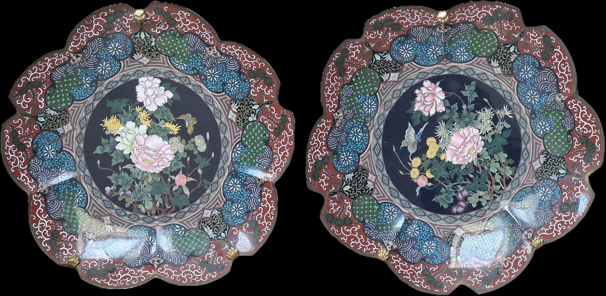 Pair Of Large Japanese Cloisonné Dishes Meiji Period (1868-1912) Japan