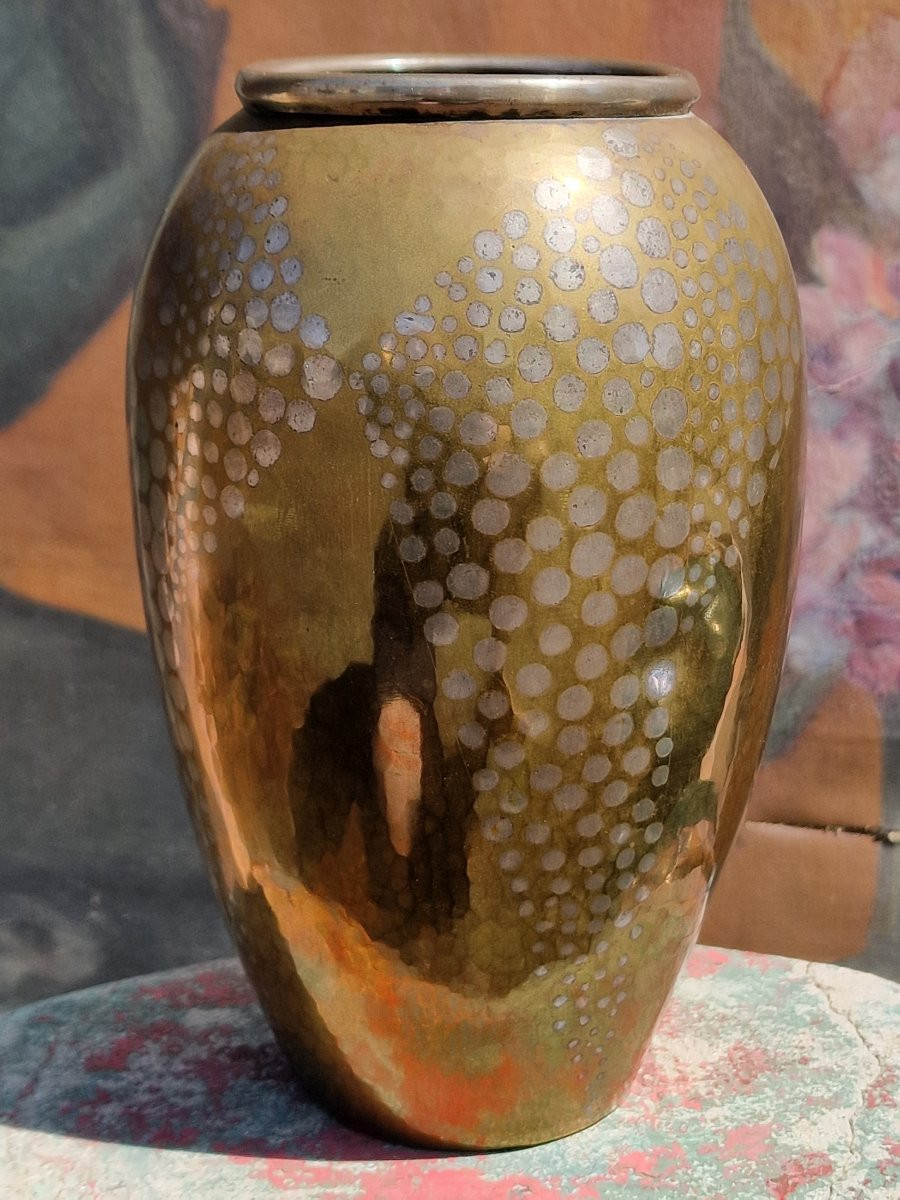 Vase en dinanderie par Fernand Grange cuivre et pastilles d'argent art déco estampillé signé-photo-3