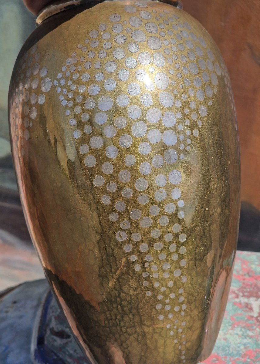 Vase en dinanderie par Fernand Grange cuivre et pastilles d'argent art déco estampillé signé-photo-1