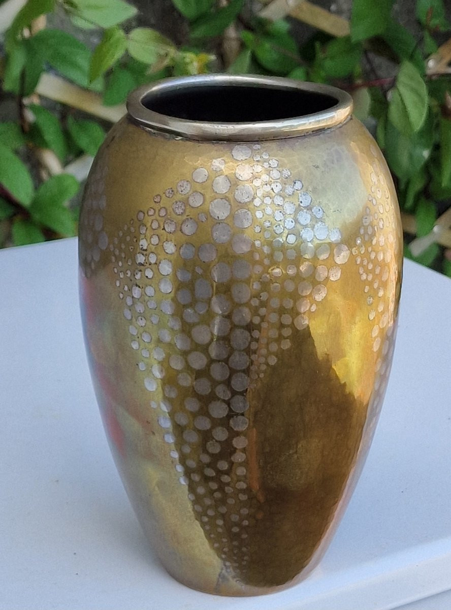 Vase en dinanderie par Fernand Grange cuivre et pastilles d'argent art déco estampillé signé-photo-5