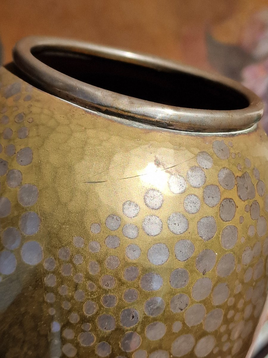 Vase en dinanderie par Fernand Grange cuivre et pastilles d'argent art déco estampillé signé-photo-6