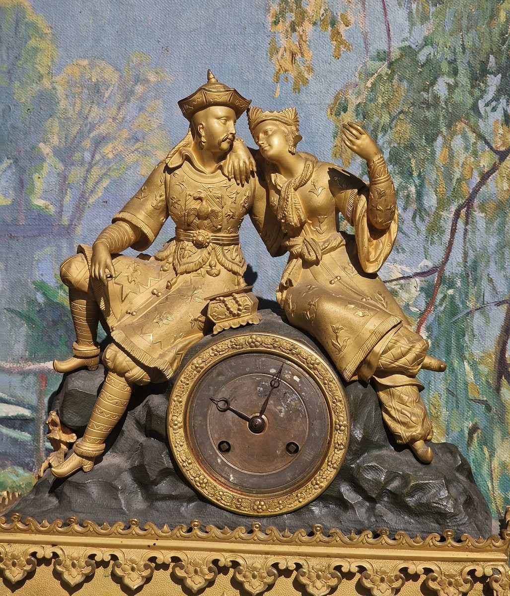 Gilt Bronze And Green Patina Charles X Period Clock With Chinese Or Oriental Couple-photo-2