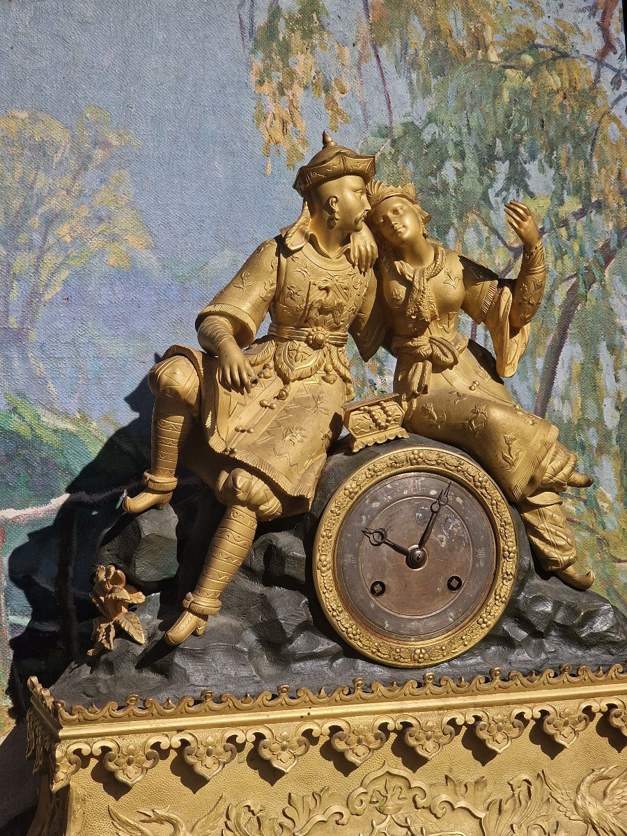 Gilt Bronze And Green Patina Charles X Period Clock With Chinese Or Oriental Couple-photo-3
