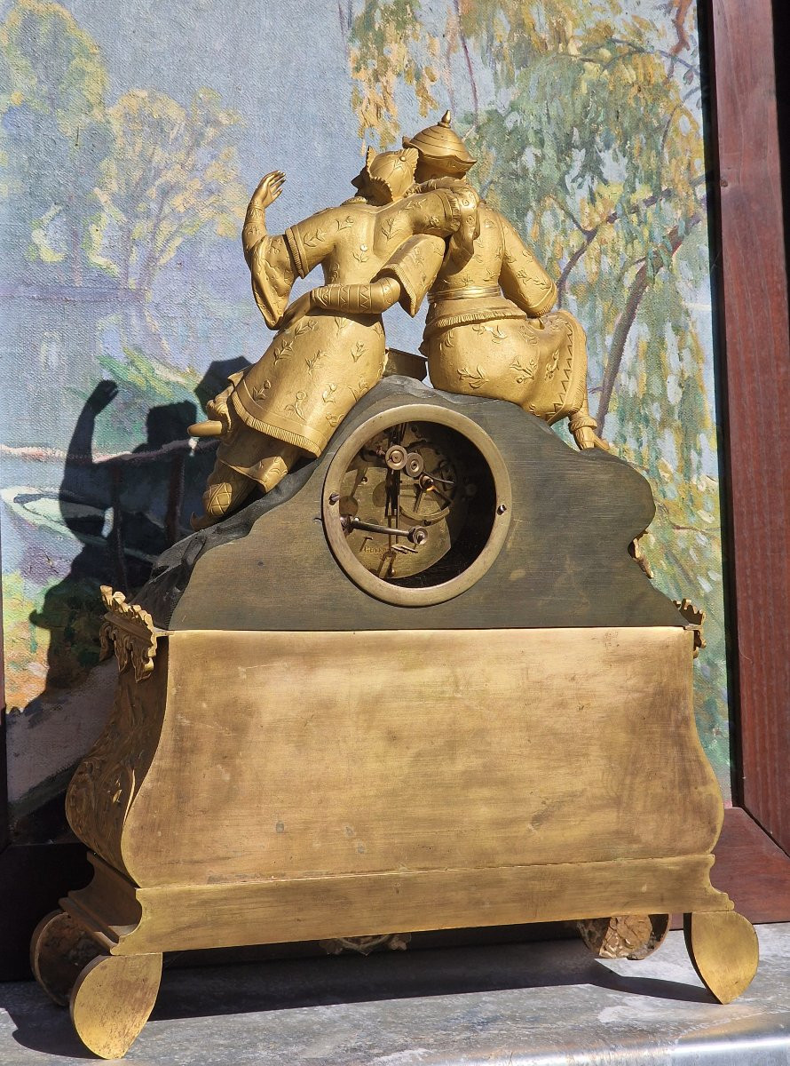 Gilt Bronze And Green Patina Charles X Period Clock With Chinese Or Oriental Couple-photo-3